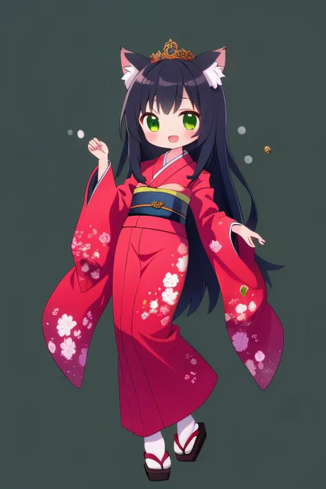 girl Long Black Hair chibi full Body Cat ears with a bell red long kimono green background wearing a tiara