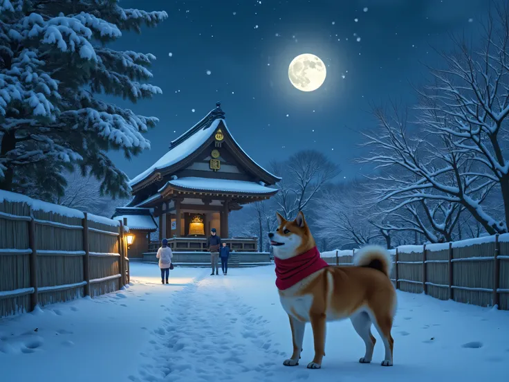 A winter night with snow gently falling, featuring a Shiba Inu visiting a quiet Japanese temple to hear the New Year’s Eve bell. The Shiba Inu wears a warm red scarf and is accompanied by its owner. In the background, a traditional Japanese bell tower (sho...