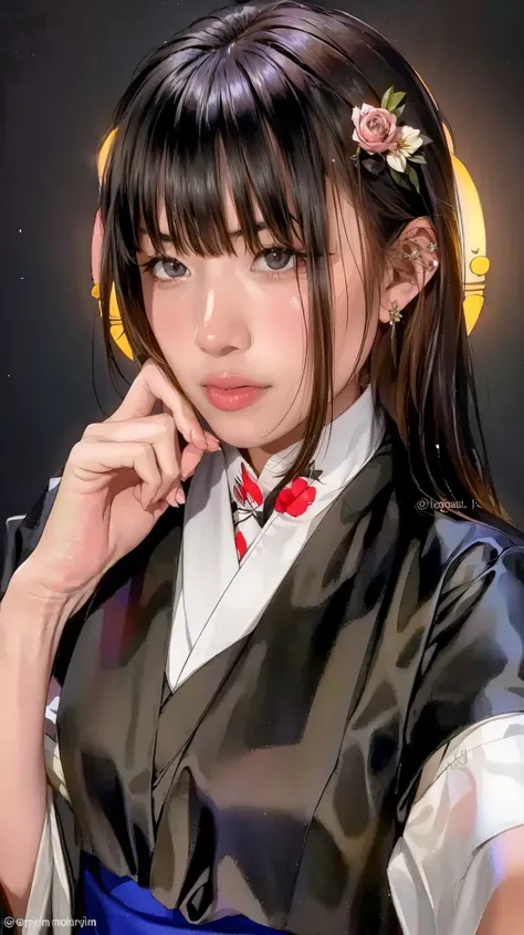 （（（perfect figure，figure，Alone，（（（black robes, sash, hakama skirt）））， （（（What are you doing?, long black hair））），((masterpiece)),high resolution, ((Best quality at best))，masterpiece，quality，Best quality，（（（ Exquisite facial features，Looking at the audienc...