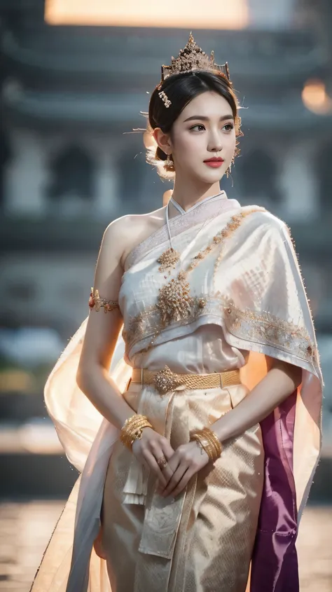 (((, a Korean couple stands in a collective energetic posture ))), (((1 man, 1 Female))), (((man with short hair is dressed in white Traditional Thai clothing))), Arawa. A young woman in a purple dress and gold necklace , Sukhothai set , , Delraba, Dilmur...