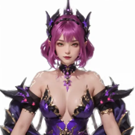 a close up of a woman in a purple dress with a dragon on her chest, ornate bikini armor, holy cyborg necromancer girl, fuchsia skin below the armor, fuchsia skin beneath the armor, wearing dark purple armor, in monster hunter armor, dark demonic dancer, in...