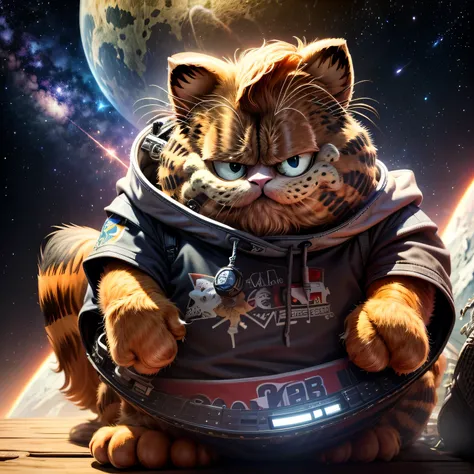 Science Fiction.The masked Garfield ， has a space station in the background，masterpiece，  BEST QUALITY WITH THE BEST， （ very detailed CG unified 8k wallpaper）， （ BEST QUALITY WITH THE BEST）， （ Best Illustration ）， （ Best Shadow ），