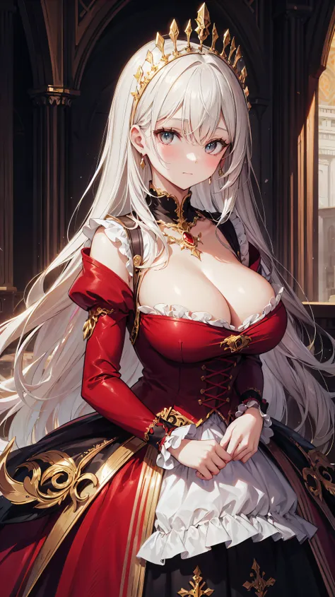  Medieval Europe, Aristocratic young woman, floral crinoline hoop skirt, red petticoat dress ,  big breasts,  Fluffy Ornate Hair Ornament