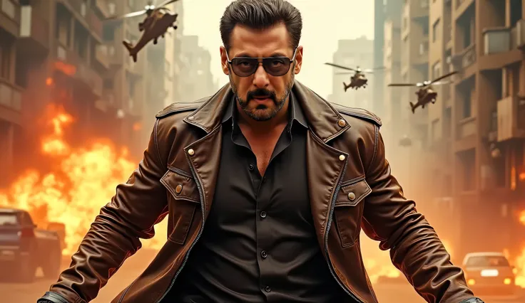 An action-packed cinematic poster featuring Salman Khan, wearing sunglasses and a leather jacket, holding a weapon in an intense pose. The backdrop showcases a war-torn city with fiery explosions, helicopters flying, and dramatic lighting. The text promine...