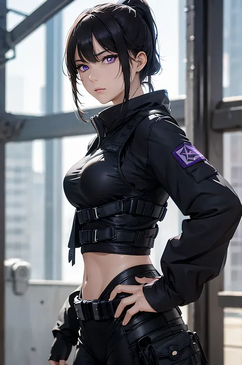 8k resolution,(( top quality )), super high res,Adult female, Alone,  sexy, ( with a bleak expression), ( purple eyes),  beautiful symmetrical face , (Black long ponytail),Black combat vest,assassins catsuit, realistic :1.4, realistic :1.4,(  Masterpiece  ...