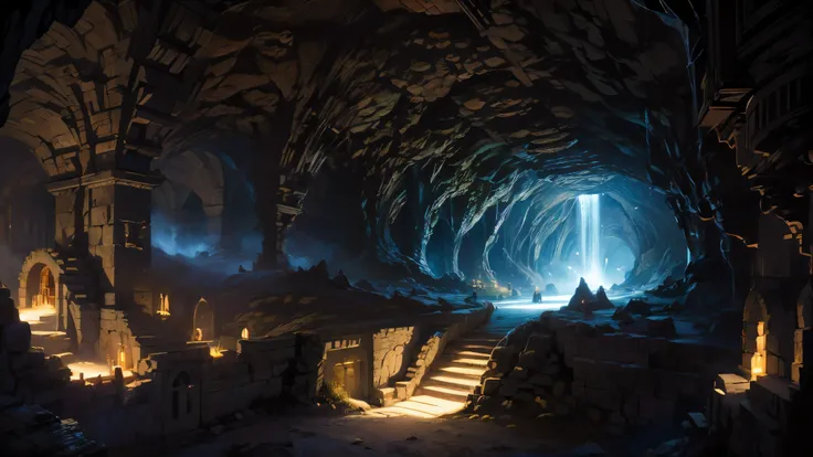 (Masterpiece, highest quality, Best Quality, Beautiful and aesthetic:1.2), massive underground dwarven city, (large hollow with sprawling tunnels:1.3), fusion of machines and nature, intricate spiral rock stairs, glowing forges illuminating the dark, (wate...