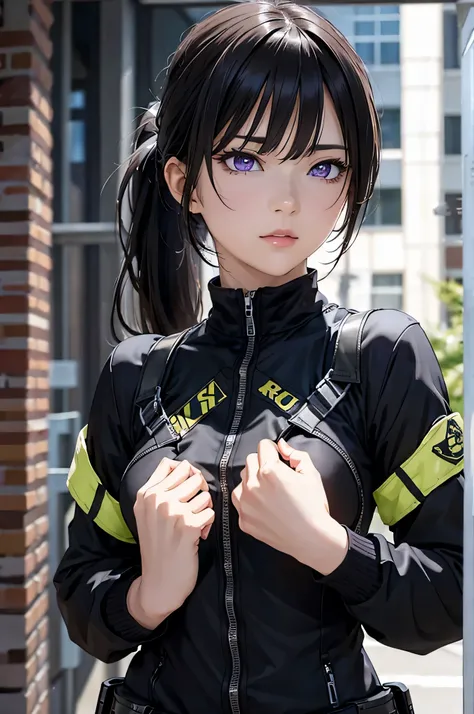 8k resolution,(( top quality )), super high res,Adult female, Alone,  sexy, (Glaring expression), ( purple eyes),  beautiful symmetrical face , (Black long ponytail),Black combat vest,assassins catsuit, realistic :1.4, realistic :1.4,(  Masterpiece  :1.2),...