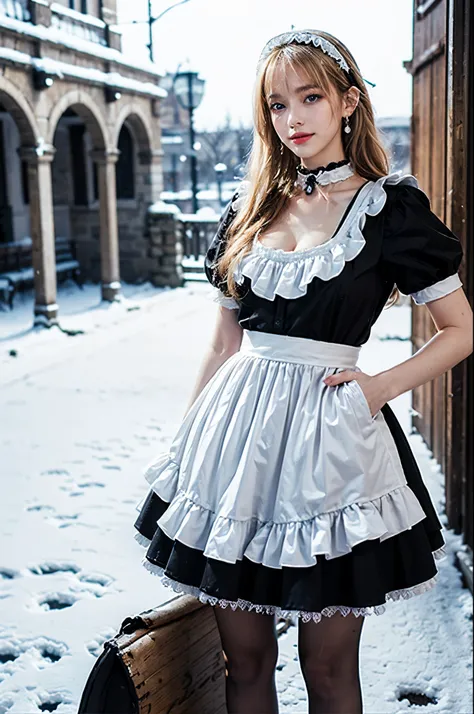 masterpiece, best quality, soft light, ultra high resolution, (photorealistic:1.4), Raw photo, 1 woman, ((beautiful woman)), cute type, ((Cute ocean maid outfit, white maid headdress, black shirt, black skirt, white frill apron, black ruffled choker, earri...