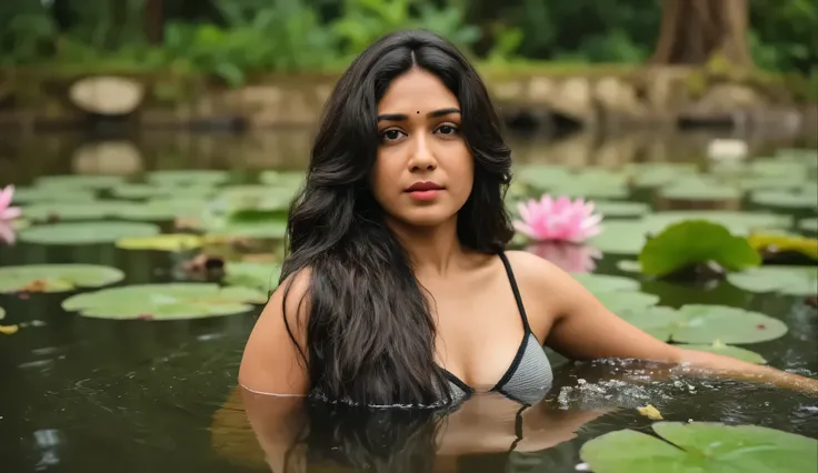 Indian busty naked woman emerging gracefully from a serene forest pond filled with blooming lotus flowers and a few ducks swimming nearby. Very long hairs covering her breast, The womans body and wet hair glisten, droplets of water catching the soft, natur...