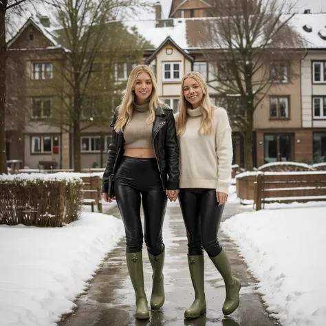  leather leggings Blonde Haare, green tall wellies, Germany winterday