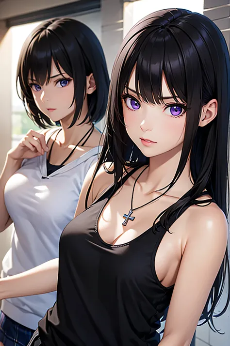 8k resolution,(( top quality )), super high res,Adult female, Alone,  sexy, (Glaring face), ( purple eyes),  beautiful symmetrical face , ( long black hair), hoodie, black tank top, miniskirt, cross necklace, realistic :1.4, realistic :1.4,(  Masterpiece  ...