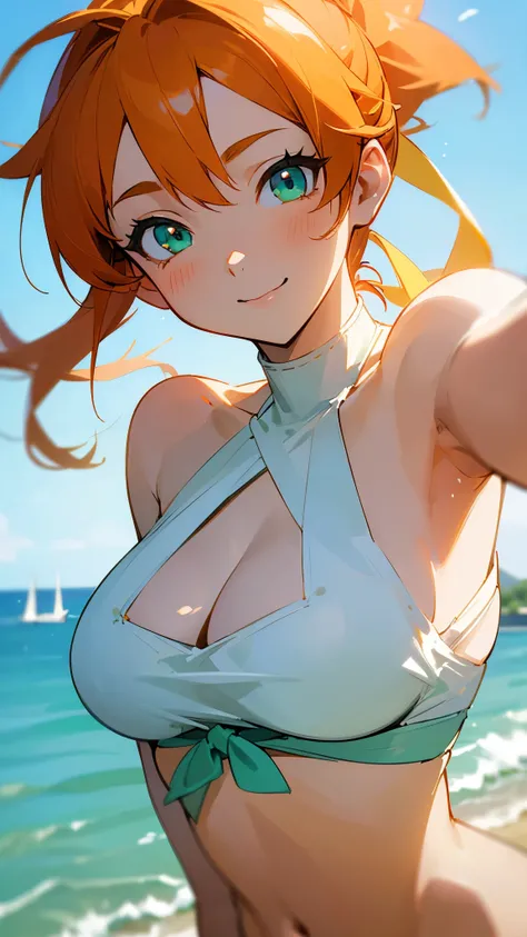 ((masterpiece))、(( highest image quality taken by Ki))、( Super Fine)、 upper body closeup、 cute girl、1 person、solo、 bikini、 beautiful bright orange hair、Beautiful green eyes、(( beautiful eyes))、 white skin、 ponytail、Appropriate lighting、 big breasts、smile、 ...