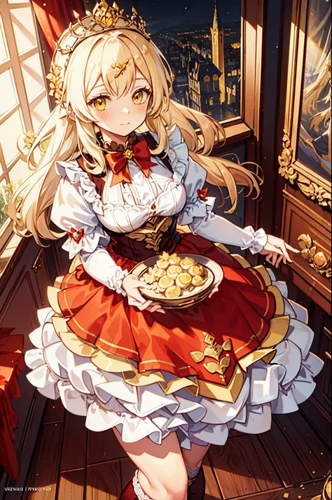 Teenage Girl, charming,gorgeous,In Love ,sacred,( Yellow and White Princess Skirt :1.3),blond,klee, red eyes, Minimalism , Multi-layer exquisite ruffles ,Lots of Lace,( Lines on clothes :1.2),( Exquisite clothing :1.1),(Multi-layer Skirt ),Princess Crown, ...