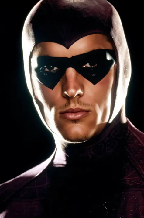 Charlie Hunnam, a masked superhero in a dark and smoky port pier at night. Clad in a sleek, purple body-hugging lycra costume with a matte finish, his defined muscles and muscular arms are on full display. The costume features a purple collant that glides ...