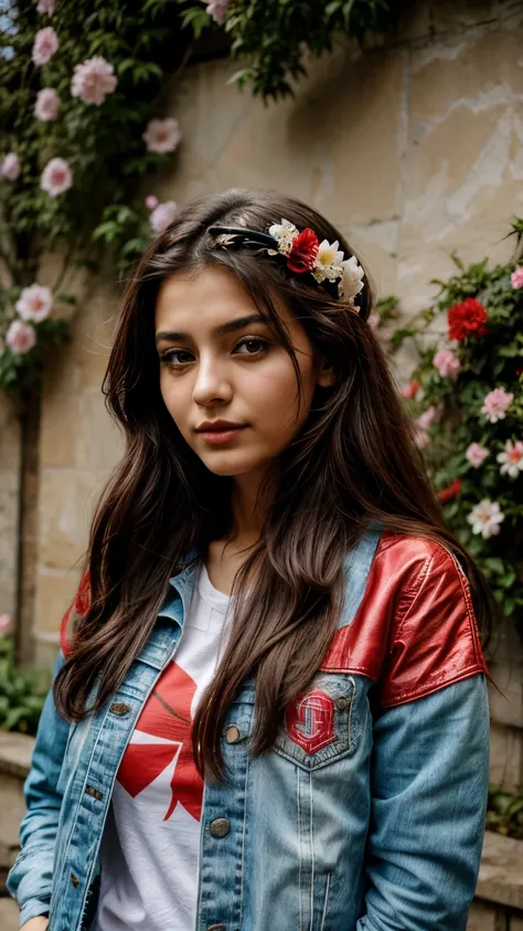 Turkish woman, 20 years old, wearing jacket, flowers in hair, Turkish flag on the background