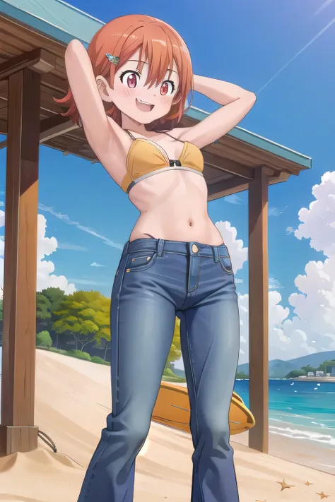 masterpiece,best quality,ultra detail,1girl, 14yo, petite, ((round face, ecstasy, orgasm face, drooping eyes, shame smiling, blush)), dropping eyes, sleepy, background((under the beach, (day:1.2), under sand beach, bright sky)), takenouchi_sora, short hair...