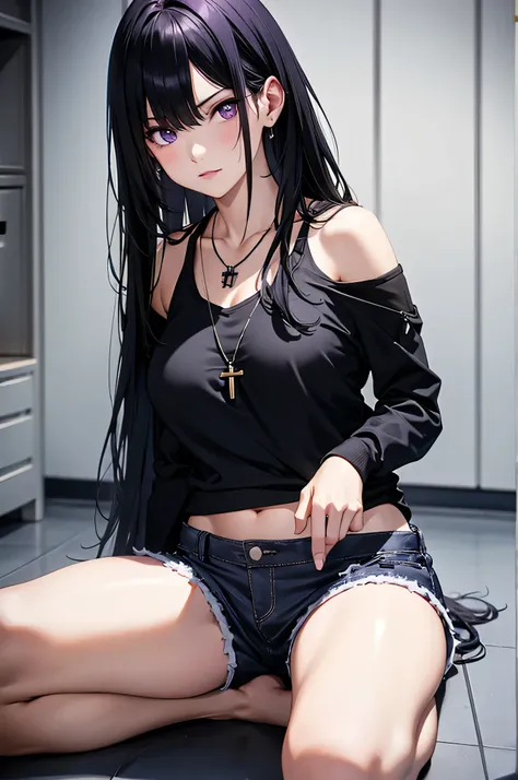 8k resolution,(( top quality )), super high res,Adult female, Alone,  sexy, (Glaring face), ( purple eyes),  beautiful symmetrical face , ( long black hair), black hoodie, black tank top, shorts, cross necklace, realistic :1.4, realistic :1.4,(  Masterpiec...