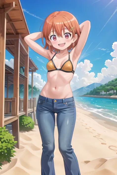 masterpiece,best quality,ultra detail,1girl, 14yo, petite, ((round face, ecstasy, orgasm face, drooping eyes, shame smiling, blush)), dropping eyes, sleepy, background((under the beach, (day:1.2), under sand beach, bright sky)), takenouchi_sora, short hair...