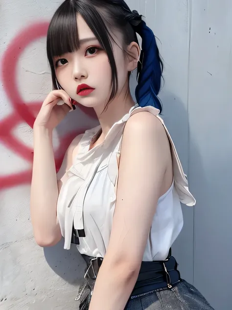  RAW photo, 8k, ( top quality ),  realistic , ( Live Action,  detailed information), ( natural skin texture,  detailed skin,  hyperrealism , sharpness), (Japanese teenage girl standing in a dirty back alley At night,  putting hands on head ,  graffitied wa...