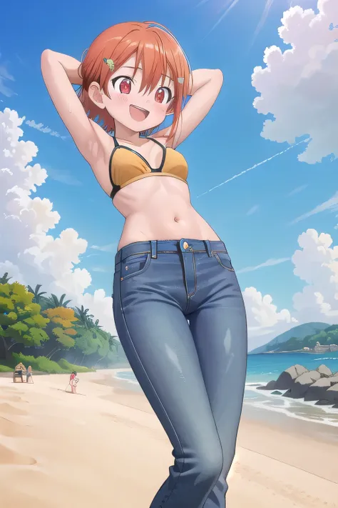 masterpiece,best quality,ultra detail,1girl, 14yo, petite, ((round face, ecstasy, orgasm face, drooping eyes, shame smiling, blush)), dropping eyes, sleepy, background((under the beach, (day:1.2), under sand beach, bright sky)), takenouchi_sora, short hair...