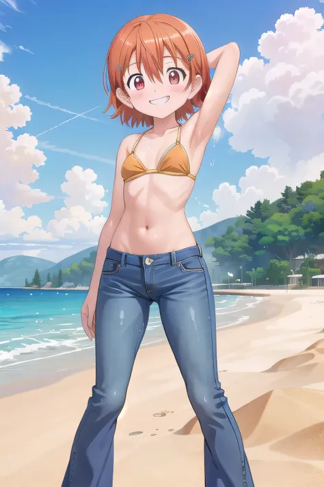 masterpiece,best quality,ultra detail,1girl, 14yo, petite, ((round face, ecstasy, orgasm face, drooping eyes, shame smiling, blush)), dropping eyes, sleepy, background((under the beach, (day:1.2), under sand beach, bright sky)), takenouchi_sora, short hair...