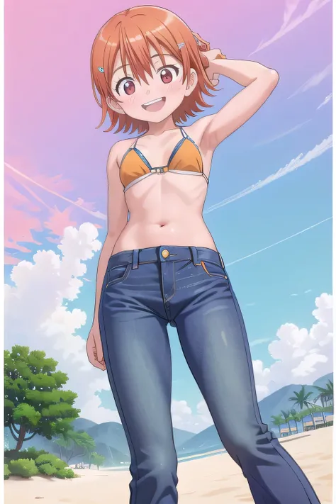 masterpiece,best quality,ultra detail,1girl, 14yo, petite, ((round face, ecstasy, orgasm face, drooping eyes, shame smiling, blush)), dropping eyes, sleepy, background((under the beach, (day:1.2), under sand beach, bright sky)), takenouchi_sora, short hair...