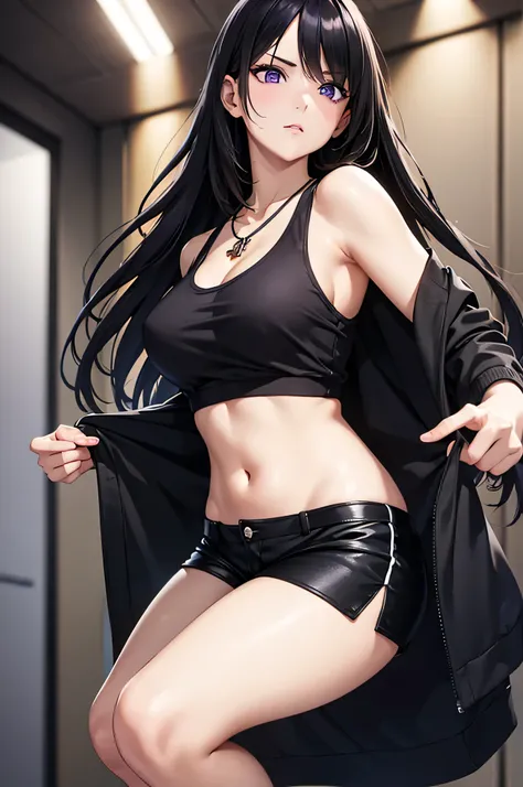 8k resolution,(( top quality )), super high res,Adult female, Alone,  sexy, (Glaring face), ( purple eyes),  beautiful symmetrical face , ( long black hair), black hoodie, black tank top, shorts, cross necklace, realistic :1.4, realistic :1.4,(  Masterpiec...