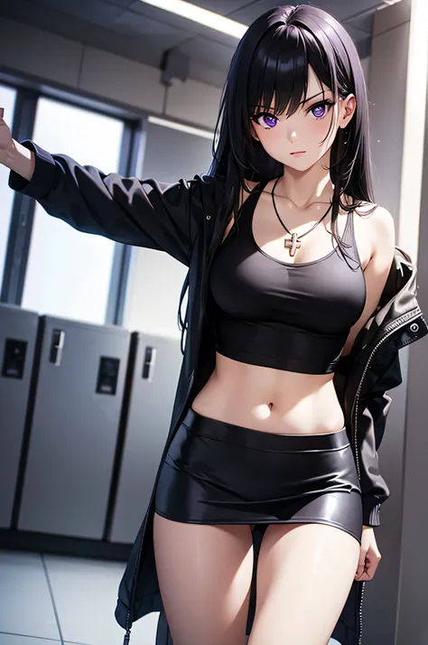 8k resolution,(( top quality )), super high res,Adult female, Alone,  sexy, (Glaring face), ( purple eyes),  beautiful symmetrical face , ( long black hair), black hoodie, black tank top, Leather Skirt , cross necklace, realistic :1.4, realistic :1.4,(  Ma...