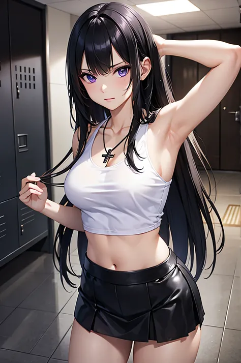 8k resolution,(( top quality )), super high res,Adult female, Alone,  sexy, (Glaring face), ( purple eyes),  beautiful symmetrical face , ( long black hair), black hoodie, black tank top, Leather Skirt , cross necklace, realistic :1.4, realistic :1.4,(  Ma...