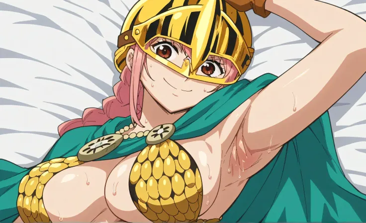 score_9, score_8_up, score_7_up, source_anime, anime screencap, 1girl, solo, RebeccaXLP, pink hair, brown eyes, large breasts, bikini armor, golden bikini, gloves, green cape, single braid, jewelry, arm up, raised arm, armpit, looking at viewer, head towar...