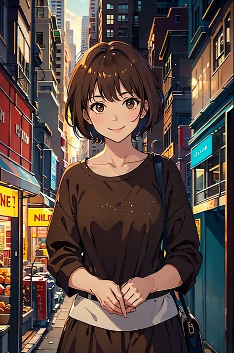 brown short hair, smiling in city