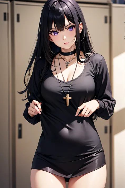 8k resolution,(( top quality )), super high res,Adult female, Alone,  sexy, (Glaring face), ( purple eyes),  beautiful symmetrical face , ( long black hair), black hoodie, black tank top, Leather Skirt , cross necklace, realistic :1.4, realistic :1.4,(  Ma...