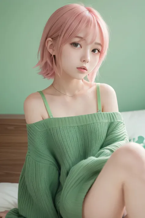  one girl ,   gradation,  gradation_background, green_background,  looks up at the _in_viewer,  pink_hair,  solo by JM,underwear