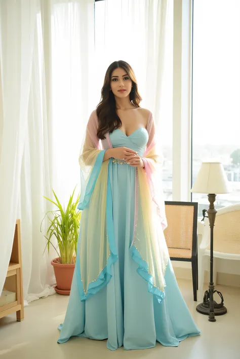 Create an elegant scene featuring a model indian  woman, idol face , fair skin,black and brown hair, in a flowing pastel blue gown with a sweetheart neckline, paired with  a sheer, multicolored dupatta draped gracefully over her shoulder. The dupatta featu...