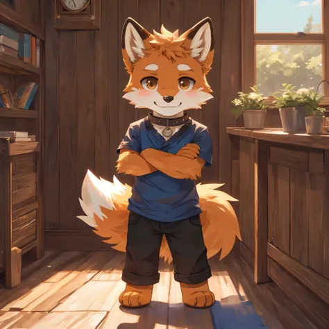 Solo, cute anthro furry male fox, anthropomorphic, brown eyes, brown ears, brown tail, cute snout, in a cozy cabin, wearing blue shirt, black pants, standing in the garden, smiling, park, close up, looking at viewer, (two-tone fur), (orange fox), cute, ado...