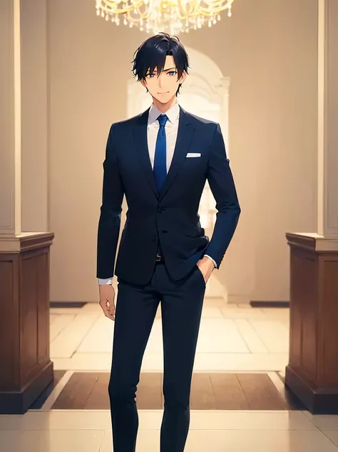 inside Luxury party venue, masterpiece, best quality, Japanese manga style, upper body, (25 year old male) and (short black hair) and (blue eyes), (suit:1.5) and (blue tie), (worried:1.1), smile, alone, standing,
