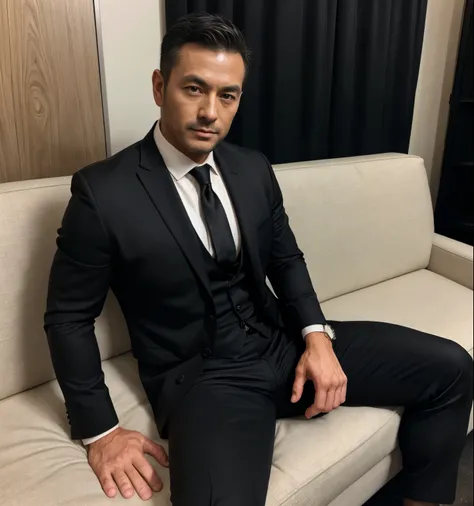  40 year old handsome, One Man,、  muscular、Kosaka Ikuo。  black suit ,black tie、  black slim pants 、Short Hair　、office、 sits on the sofa、  black suit、black tie、  black slim pants 、  upper body lift with an emphasis on facial expression　Kosaka Ikuo 　front　 s...