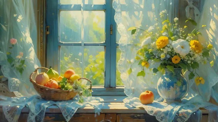 oil painting still life, vintage illustration of a window at the sunny day, iridescent light, soft light, rain drops, lacy curtains, flowers, fruits, dynamic light