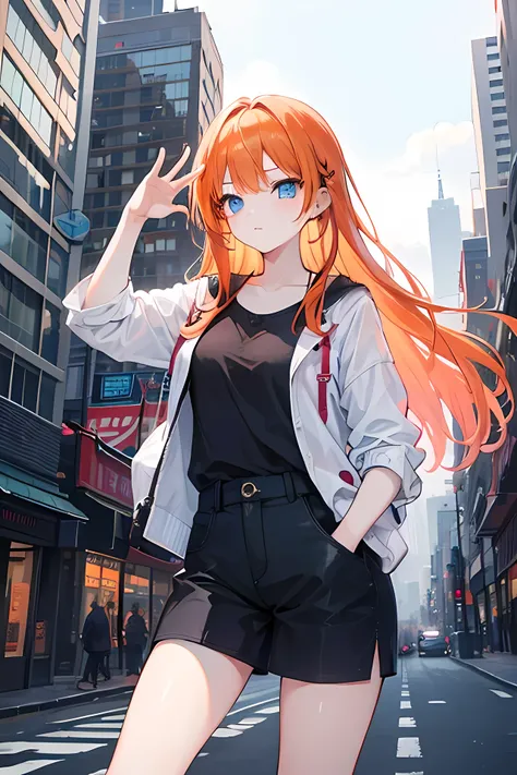  orange hair, blue eyes, long hair, young girl, cool girl, city background, modern style , casual clothes, cool pose