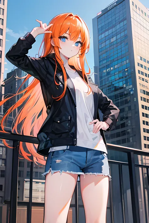  orange hair, blue eyes, long hair, young girl, cool girl, city background, modern style , casual clothes, cool pose