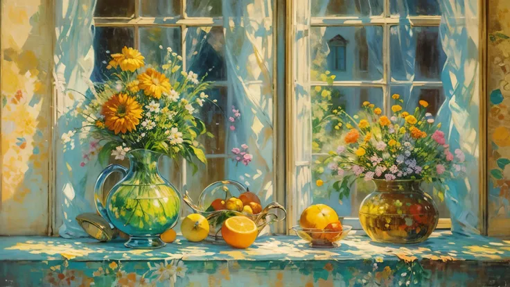 oil painting still life, vintage illustration of a window at the sunny day, iridescent light, soft light, lacy curtains, flowers, fruits, dynamic light