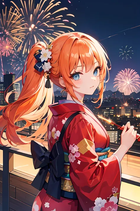  orange hair, blue eyes, long hair, young girl, beautiful girl, city background, japan style , kimono, fireworks