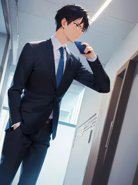 (holding a phone:1.3), side angle, (looking away:1.5), inside office room, masterpiece, best quality, Japanese manga style, upper body, (25 year old male) and (short black hair) and (blue eyes), (suit:1.5) and (blue tie), (worried:1.3), alone, standing,
