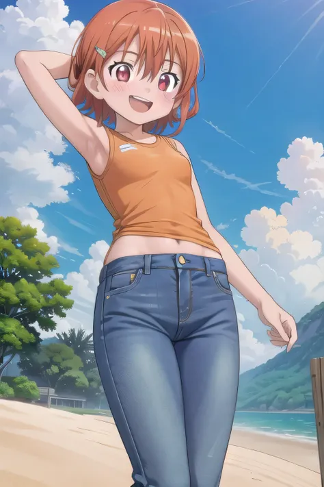 masterpiece,best quality,ultra detail,1girl, 14yo, petite, ((round face, ecstasy, orgasm face, drooping eyes, shame smiling, blush)), dropping eyes, sleepy, background((under the beach, (day:1.2), under sand beach, bright sky)), takenouchi_sora, short hair...