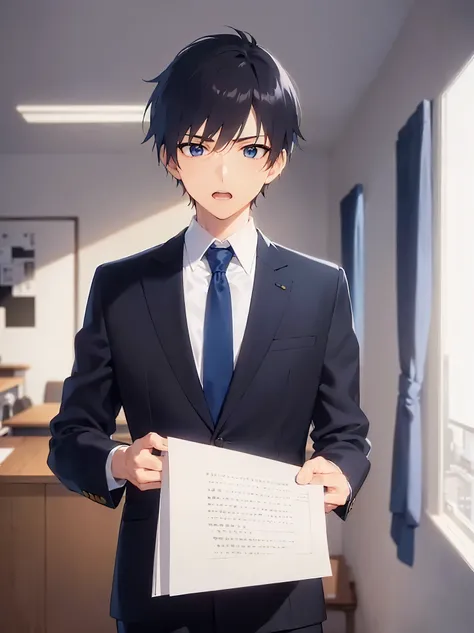 alone, (holding a document:1.3), inside office room, masterpiece, best quality, Japanese manga style, upper body, (25 year old male) and (short black hair) and (blue eyes), (suit:1.5) and (blue tie), sirious, open mouth, standing,
