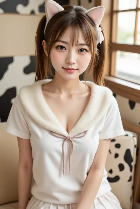 Masterpiece, 8k, Photorealistic, Raw photo, top-quality,Beautiful Japanese women ,
japanese high-school girl with light brown Ponytail hair and natural makeup, sitting and wearing a Cow pattern school uniform and Cat ears, with fluffy fur accents, Cow pat...