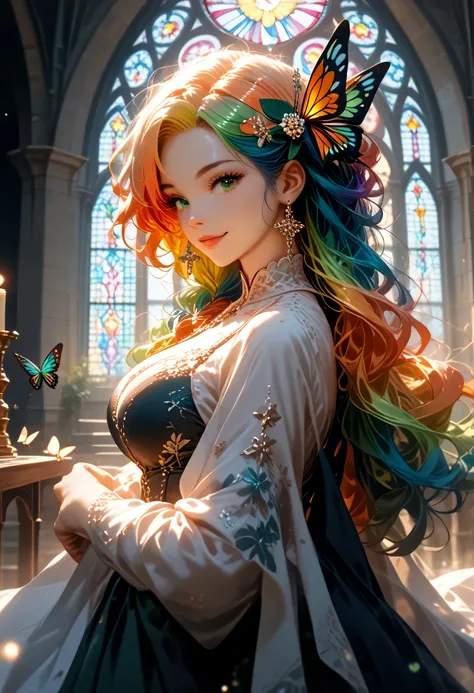 1 girl, masterpiece, extremely detailed, ((cinematic lighting)), (luminous), ((dramatic lighting)), ((beautiful detailed glow)), complex part, lens flare, multicolored hair, rainbow hair, long hair, multi-colored dress, butterfly hair decoration, butterfli...