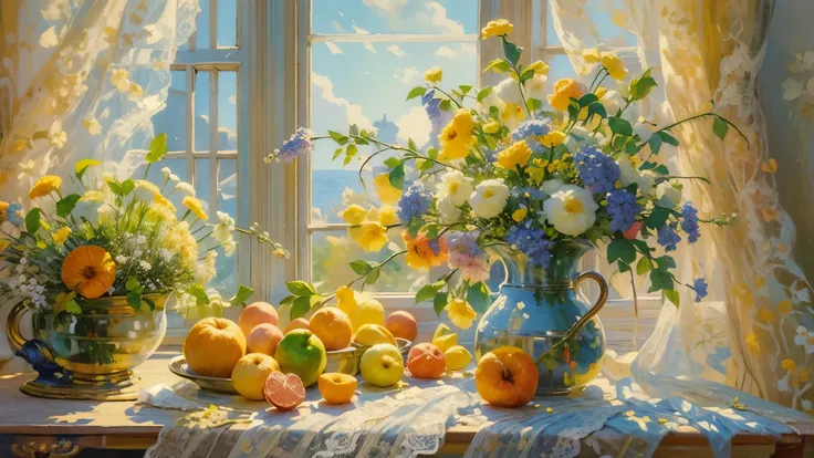 oil painting still life, vintage illustration of a window at the sunny day, iridescent light, soft light, lacy curtains, flowers, fruits, dynamic light