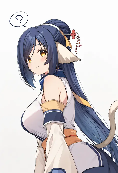 kuon_(utawarerumono), 1girl, long hair, animal ears, blue hair, breasts, yellow eyes, bare shoulders, blush, single hair bun, cat tail, brown eyes, medium breasts, cat ears, hair bun,, large breasts, hair ornament, hair stick, spoken question mark, hairpin...