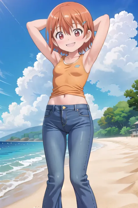 masterpiece,best quality,ultra detail,1girl, 14yo, petite, ((round face, ecstasy, orgasm face, drooping eyes, shame smiling, blush)), dropping eyes, sleepy, background((under the beach, (day:1.2), under sand beach, bright sky)), takenouchi_sora, short hair...